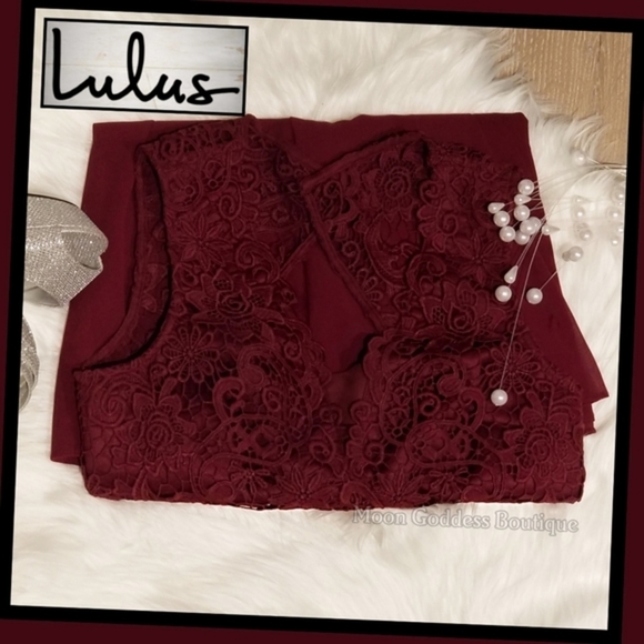Lulus ✦ Burgundy Lace Skater Dress ✦ Crocheted Bodice w/ Chiffon Open-Back Skirt - Picture 15 of 16